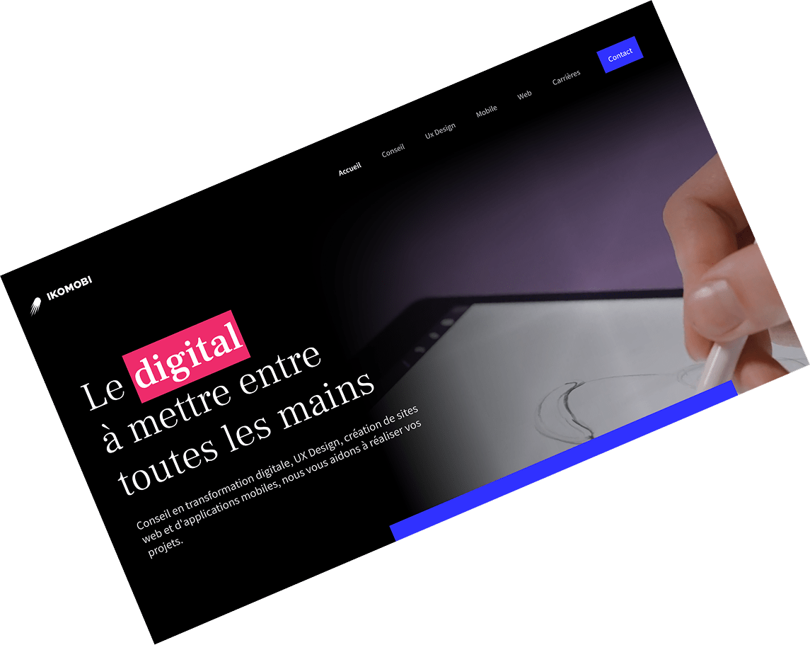 Page d'accueil sur mesure de l'agence web et mobile Ikomobi réalisé par Morgan SCHOLZ, développeur web freelance