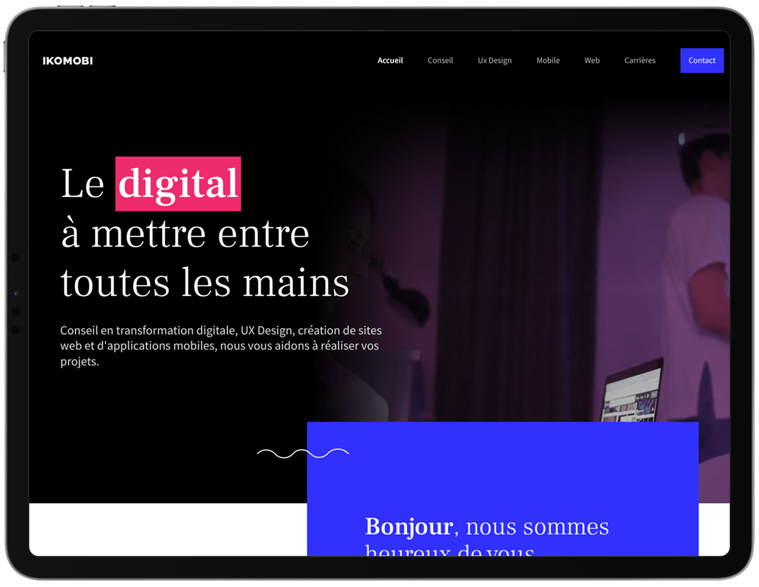 Page d'accueil du site d'agence web et mobile Ikomobi réalisé par Morgan SCHOLZ, développeur web freelance