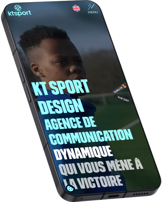 Page d'accueil du site web d'une agence de communication multilingue KT Sport Design dans un Nothing Phone, développé par Morgan SCHOLZ, développeur web freelance