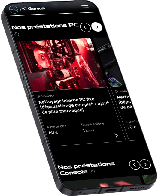 Page d'accueil du site web de prestations informatiques hardware de la marque PC Genius dans un Nothing Phone, développé par Morgan SCHOLZ, développeur web freelance