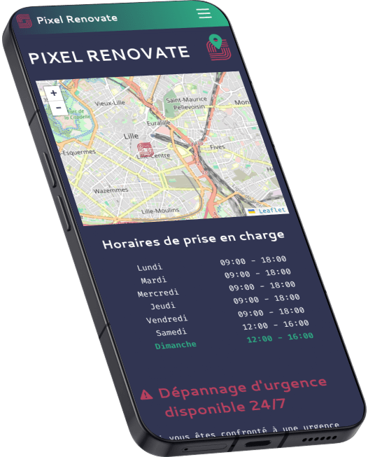 Page d'accueil du site vitrine sur mesure de services informatique Pixel Renovate Lillois dans un Nothing Phone, développé par Morgan SCHOLZ, développeur web freelance