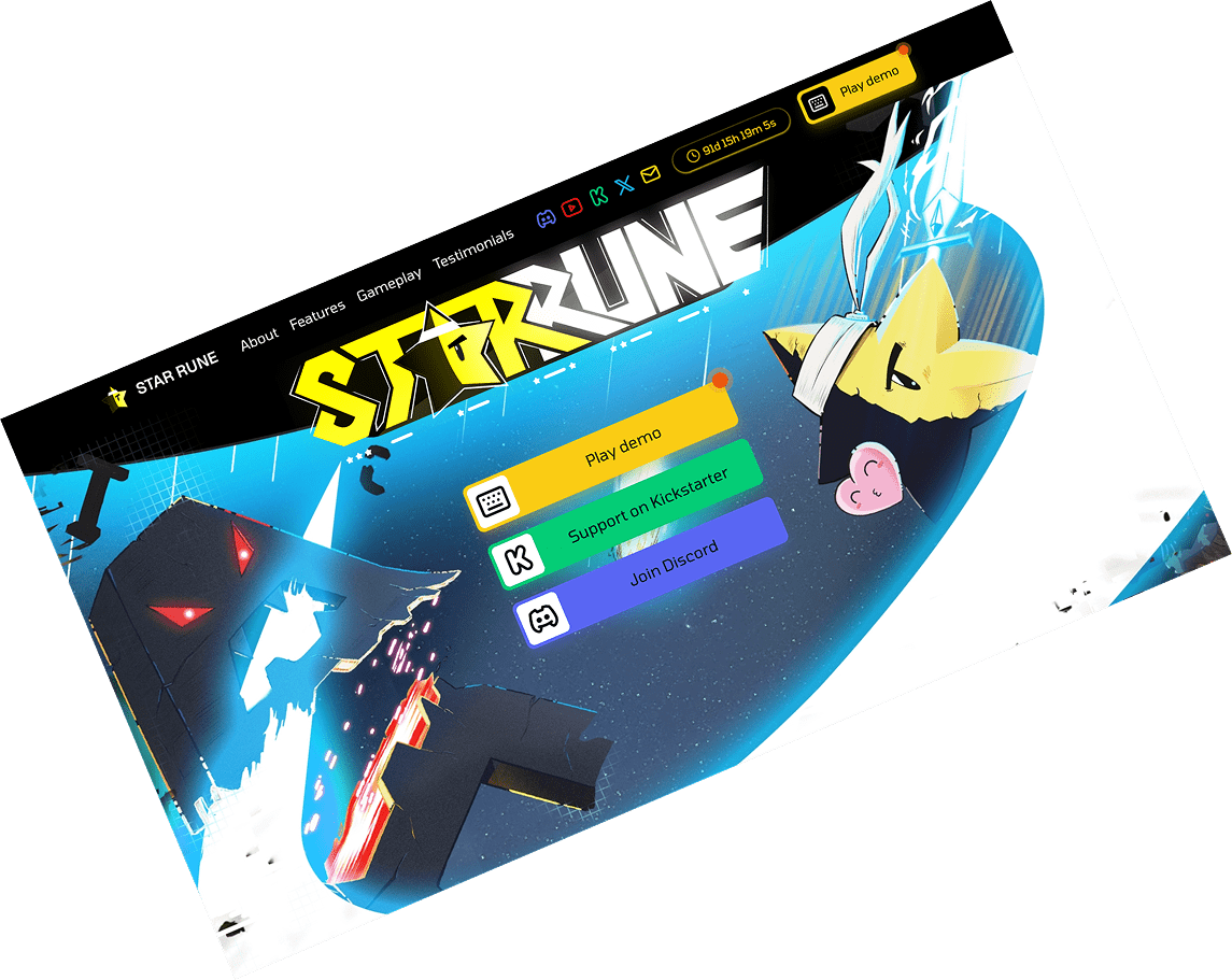 Page d'accueil sur mesure de la landing page Kickstarter Star Rune réalisé par Morgan SCHOLZ, développeur web freelance