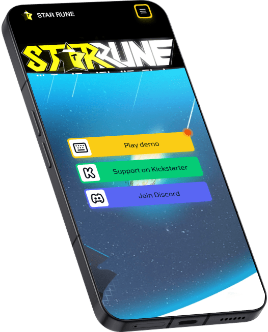 Page d'accueil de la landing page Kickstarter Star Rune dans un Nothing Phone, développé par Morgan SCHOLZ, développeur web freelance