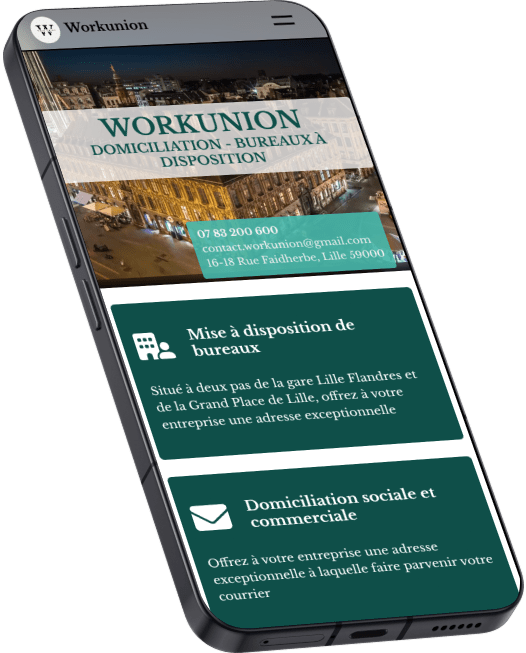 Page d'accueil du site web fait main de réservation d'espaces de coworking et services de domiciliation de Workunion dans un Nothing Phone, développé par Morgan SCHOLZ, développeur web freelance